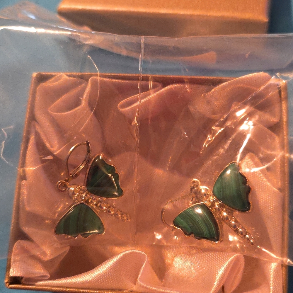 Karis African Malachite 25.75 ctw Dragonfly Earrings in Platinum Bond